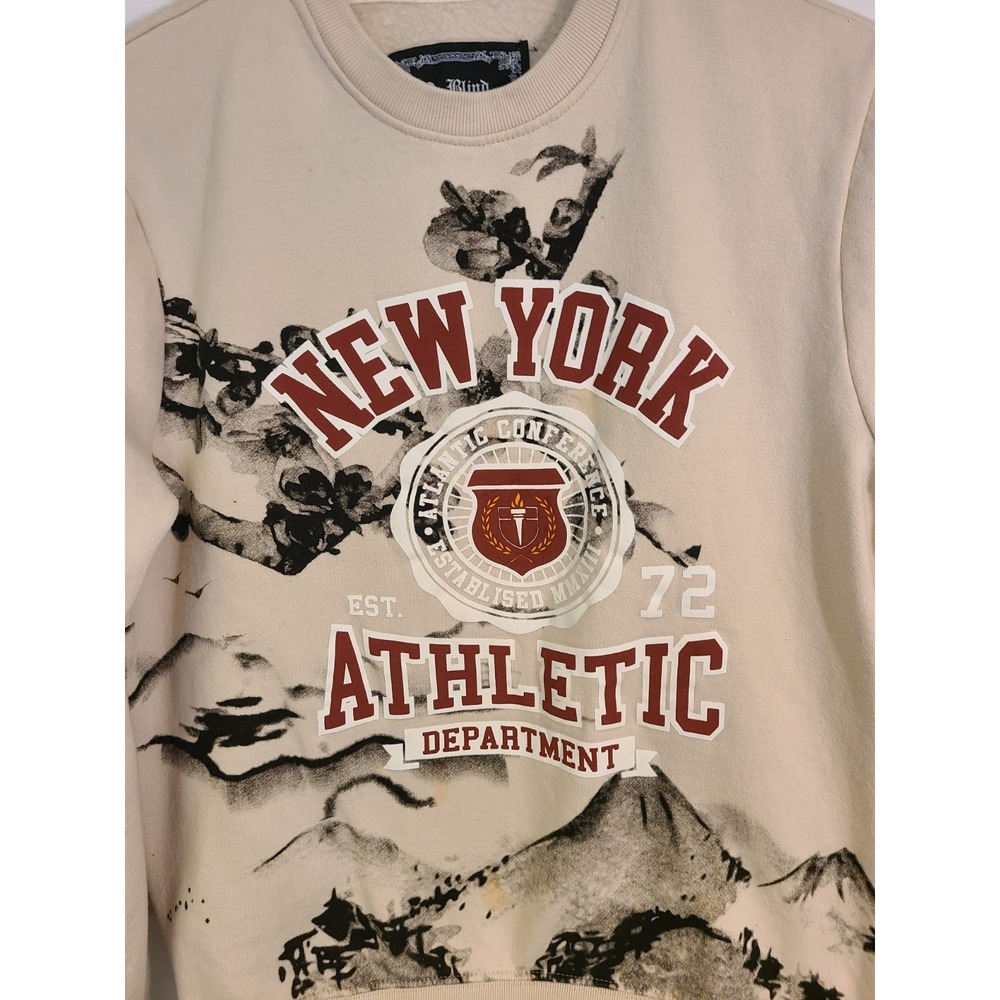 Blind‎ Rooster Athletic Fleece Sweatshirt New York Tan Graphics Sz Sm